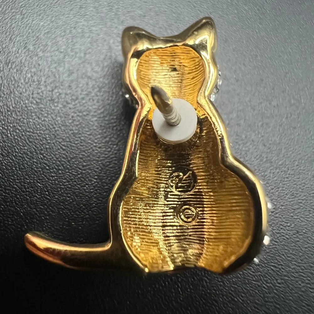 Swarovski Cat Tack Pin Crystal Gold Plated White Green Chic Classic - Picture 2 of 3